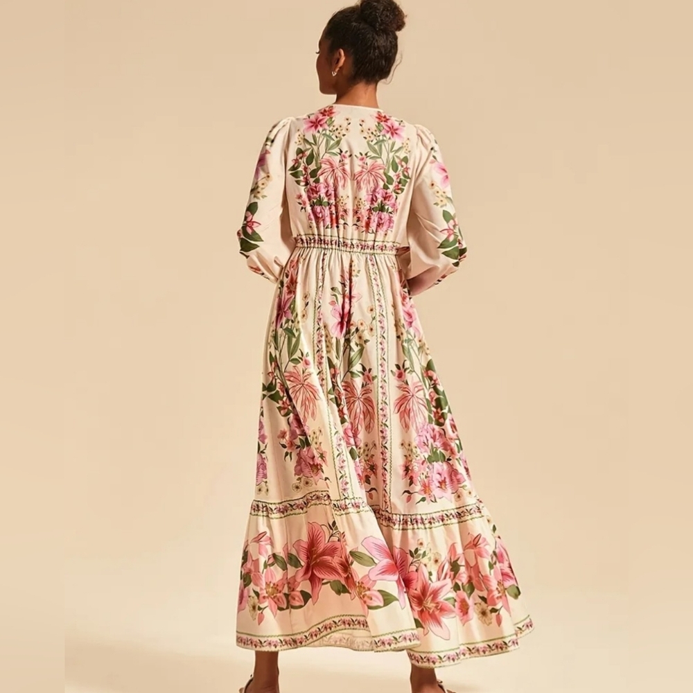 Floral Long Sleeve Maxi Dress in Cream and Pink - Picture 6 of 14